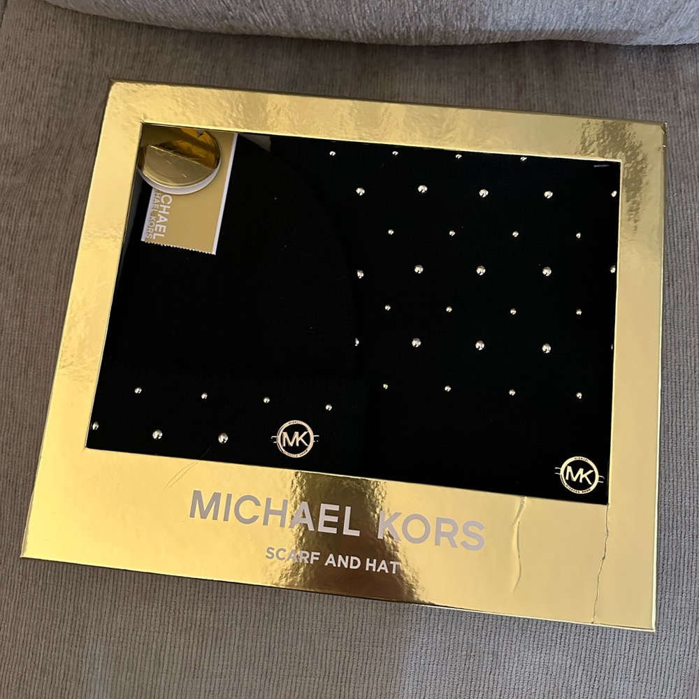 Michael Kors Black Scarf and Hat with Gold Details